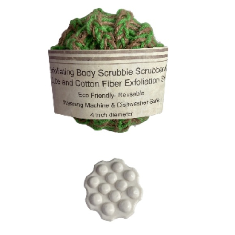 Triple Milled Soap with Face and Body Wash Tan Neon Apple Green Scrubbies Set